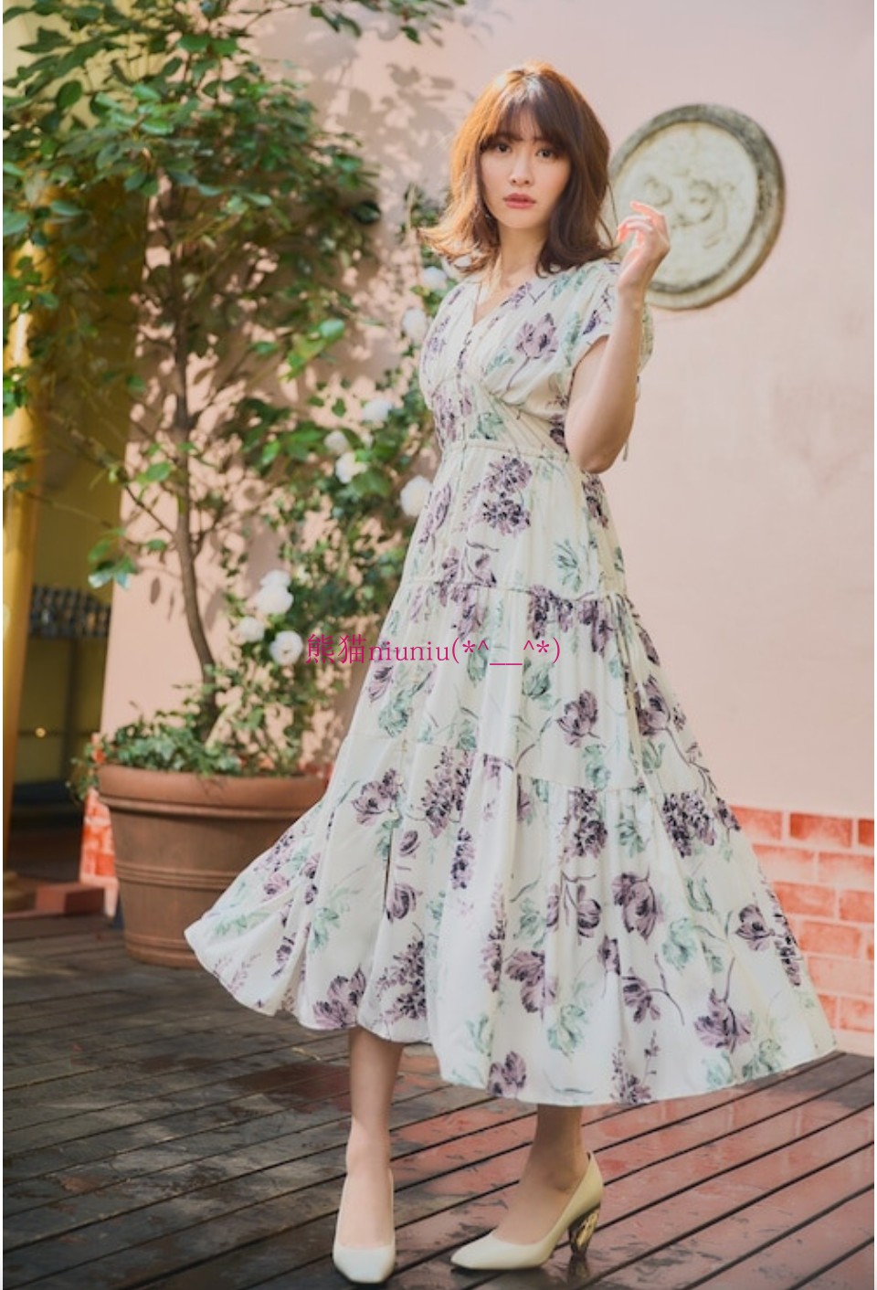 原厂追加D!浪漫花朵~小嶋阳菜 H家 V领显瘦度假风印花收腰连衣裙