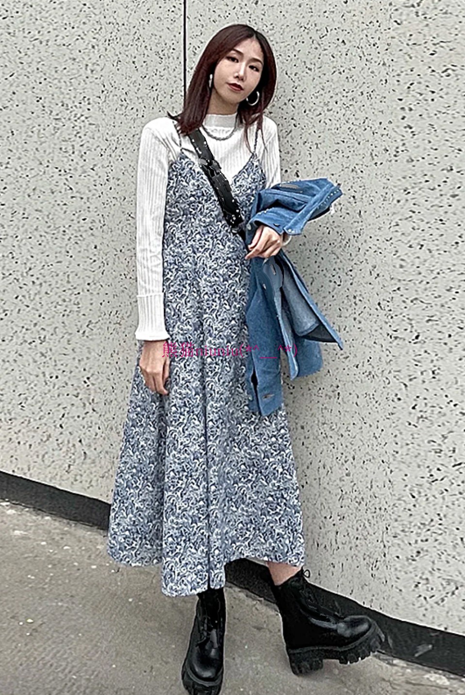 复古惊艳法式!纯圆M家 雪纺碎花V领吊带连衣裙女