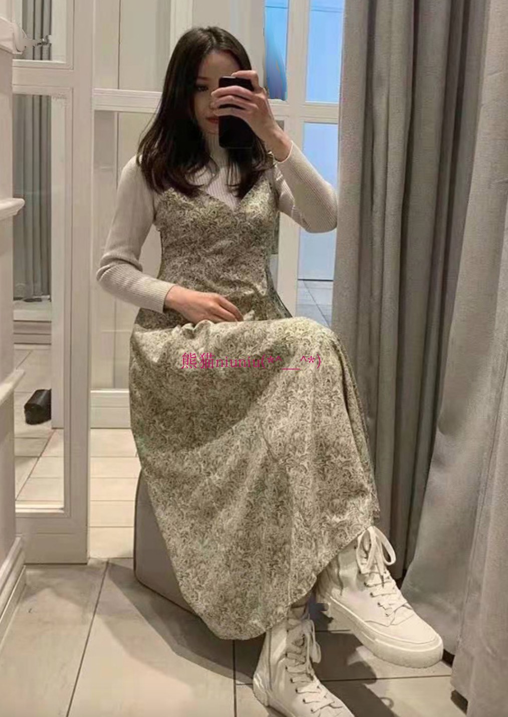 复古惊艳法式!纯圆M家 雪纺碎花V领吊带连衣裙女