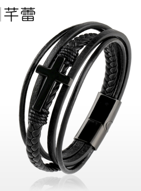 不锈钢编织皮手带男士十字架手链