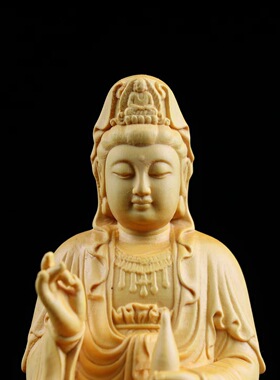 黄杨木崖柏木雕刻家居办公佛像摆件净瓶观音工艺品不开裂直播