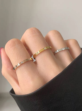 三钻简约素圈戒指女冷淡风小众潮时尚个性食指精致钛钢不掉色显白