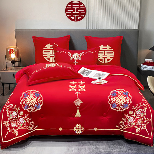结婚绣花被子大红色喜被婚庆双人被芯加厚保暖刺绣冬被新婚陪嫁礼 - 图2