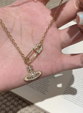 S925纯银西太后别针土星项链女吊坠轻奢高级感闪砖锁骨链送女友