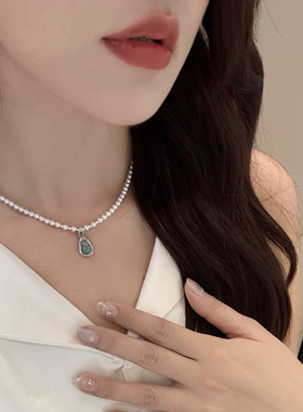 原创设计s925纯银天然翡翠玉髓葫芦吊坠珍珠项链轻奢高级锁骨链