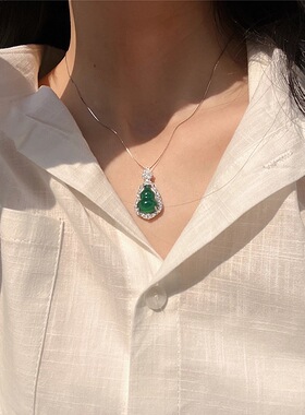 s925通体纯银天然玉髓翡翠绿葫芦项链吊坠女款高级感锁骨链送女友