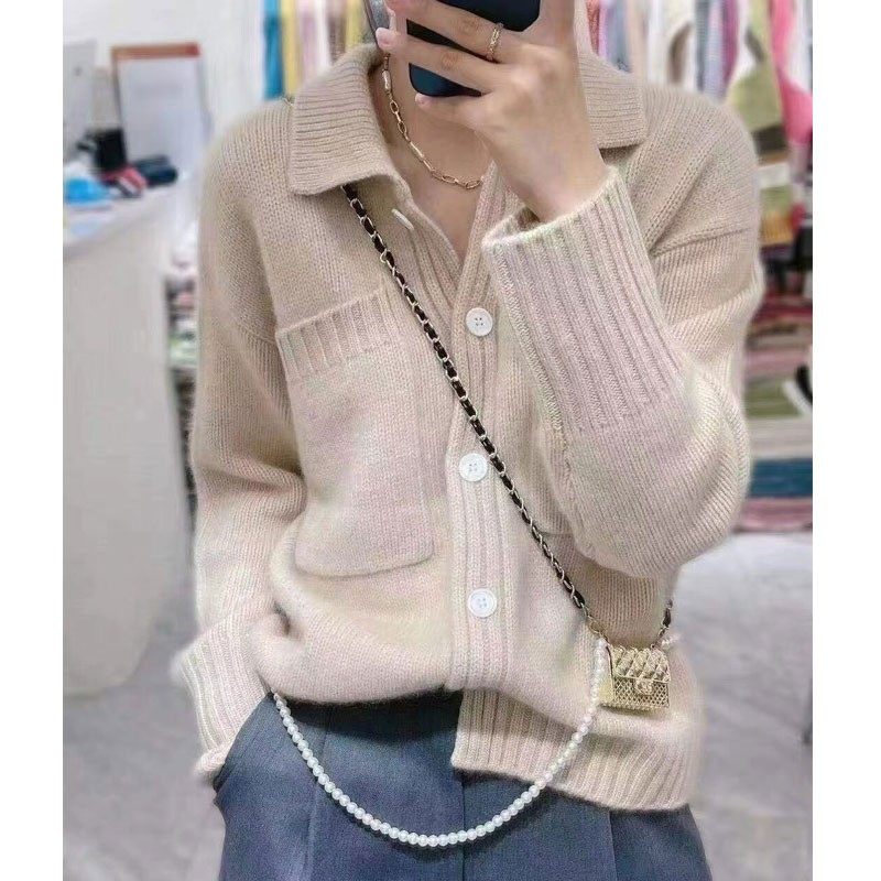 100%山羊绒针织开衫女小香风2025秋冬新款翻领口袋宽松毛衣外套厚,淘宝优惠券,粉丝福利购,淘宝优惠卷