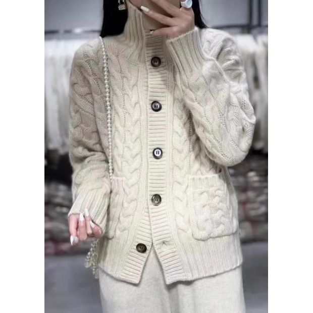 100%山羊绒针织开衫女重工八股加厚2025秋冬新款复古麻花毛衣外套 - 图0