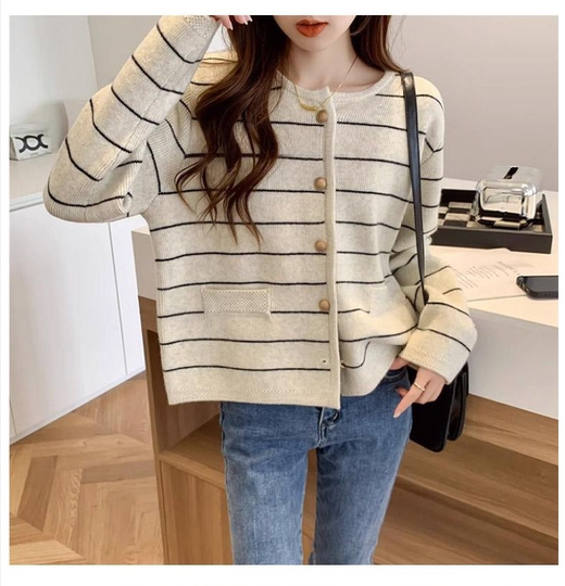 小香风100%山羊绒条纹针织开衫女25秋冬新款百搭短款加厚毛衣外套