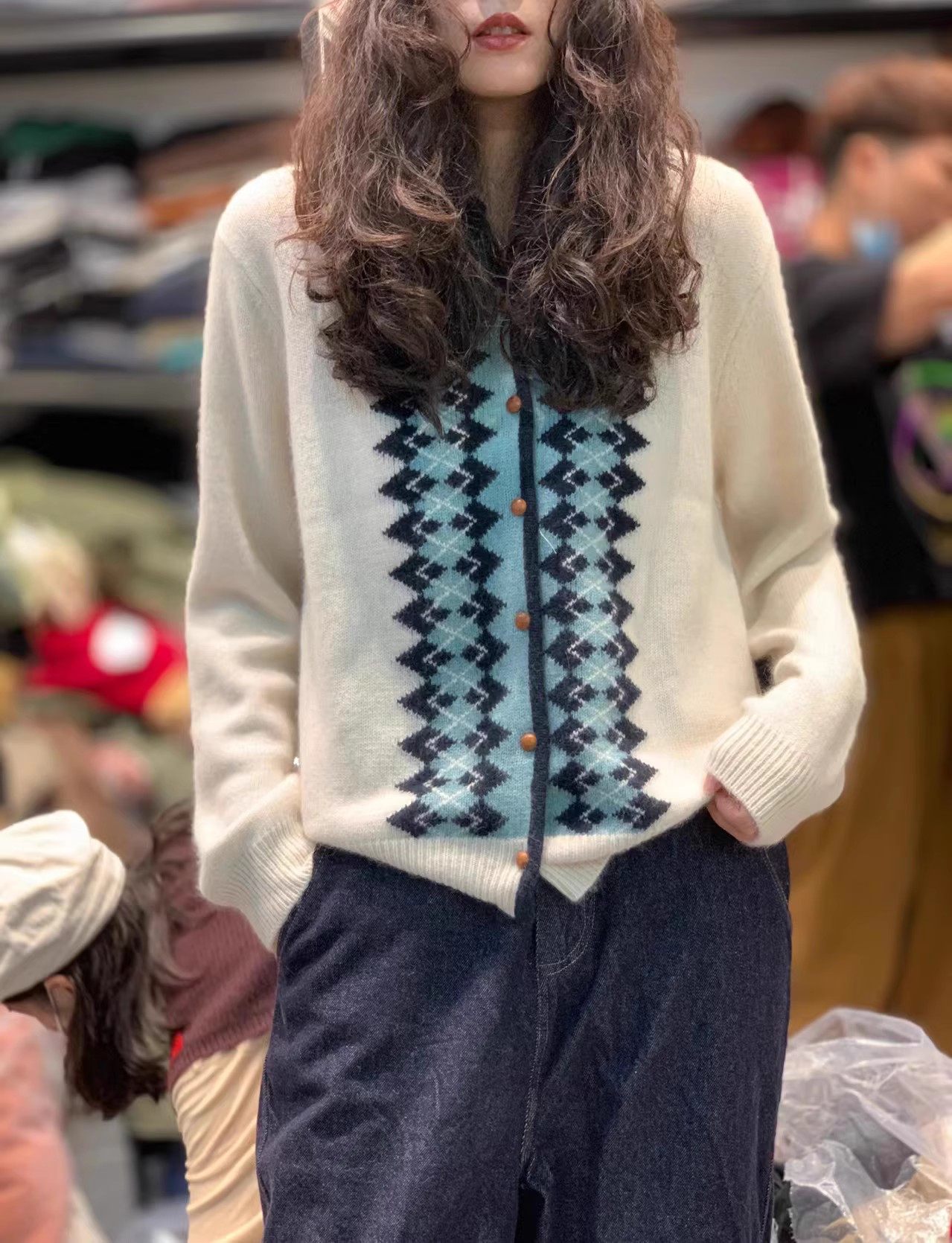 秋冬新款气质菱形格纹100%纯山羊绒开衫女英伦风简约针织毛衣外套,淘宝优惠券,粉丝福利购,淘宝优惠卷