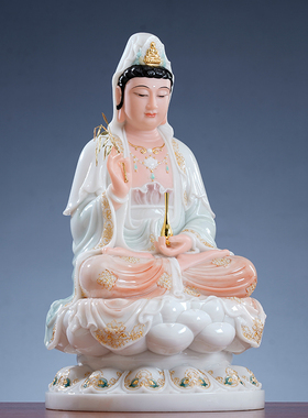 汉白玉彩釉镶金观音菩萨摆件