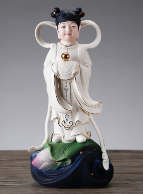 圆通佛具陶瓷金童玉女摆件善财童子龙女佛像一对居家供奉招财神像