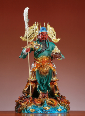 绿袍令旗九龙关公武财神摆件树脂