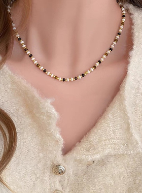 以美之名姚晨同款复古双层叠戴乔杨虎眼石吊坠项链小众串珠毛衣链