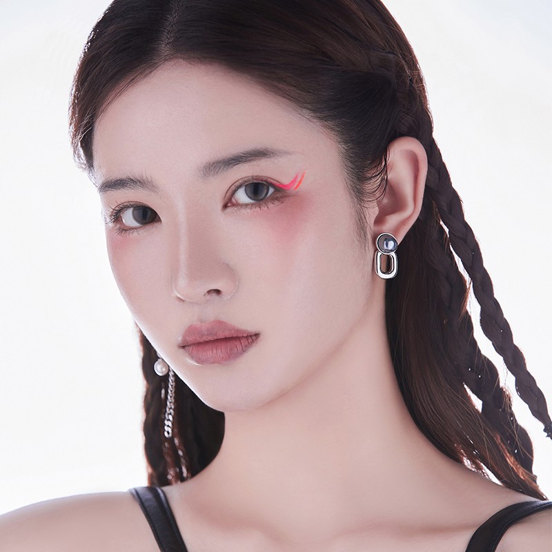 Glam Ever不对称仿珍珠链条流苏耳环女 圆环设计简约感耳钉耳饰品