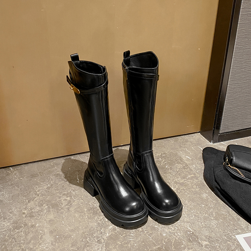 31码长筒靴女2025新款秋冬加绒厚底增高小个子不过膝高跟骑士长靴 - 图2