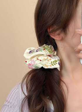 新中式高级感刺绣发圈发绳韩版甜美碎花布艺丸子头缎面质感头圈女