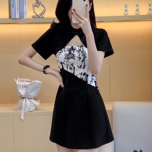 新中式旗袍采耳SPA足浴店女技师衣服短袖套装显瘦工作服旗袍+短裤 - 图1