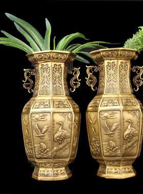 朴器 擦黑色铜八角花瓶摆件