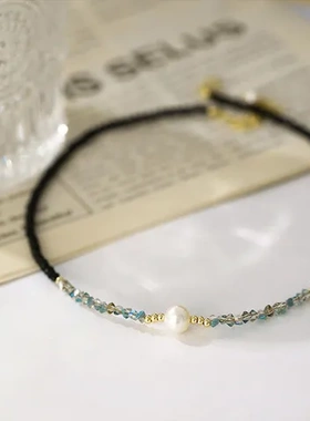 颈链珍珠项链网红设计感韩版时尚黑尖晶石锁骨链串珠气质