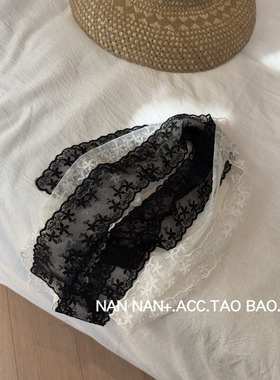 甜美风车线条绣花丝巾女平角花边蕾丝网纱细窄飘带长条小领巾装饰