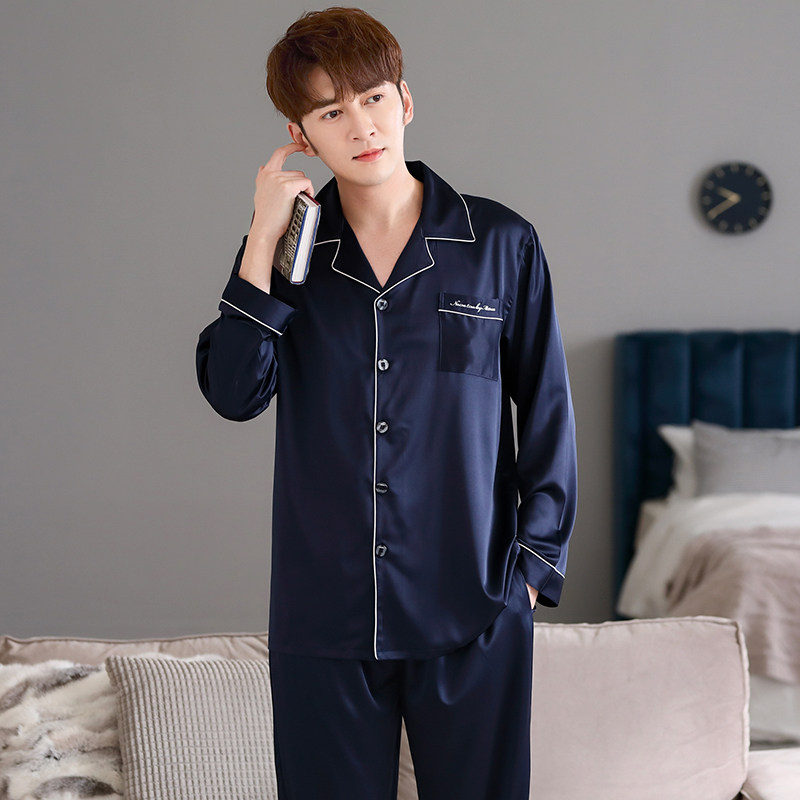 男士春秋款冰丝长袖仿真丝绸睡衣 邦朵睡衣/家居服套装