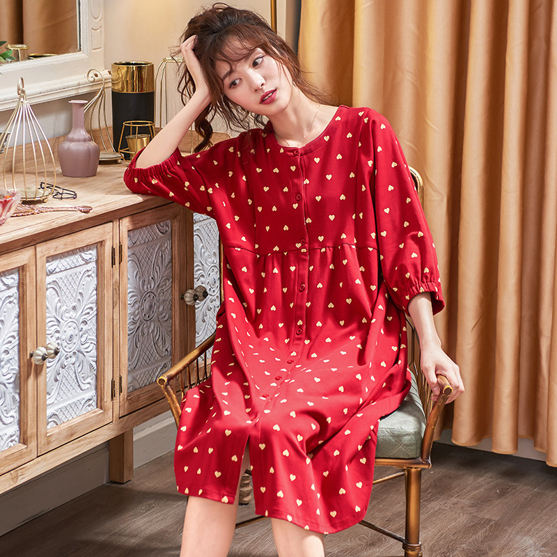 夏季纯棉中袖大红色本命年喜庆睡裙 邦朵睡裙