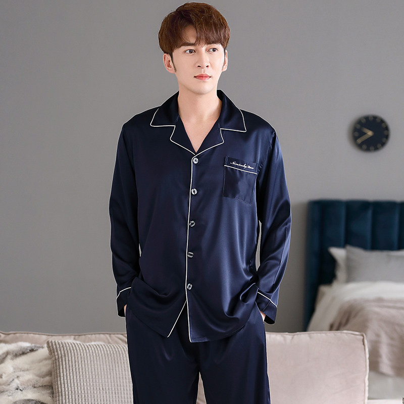 男士春秋款冰丝长袖仿真丝绸睡衣 邦朵睡衣/家居服套装