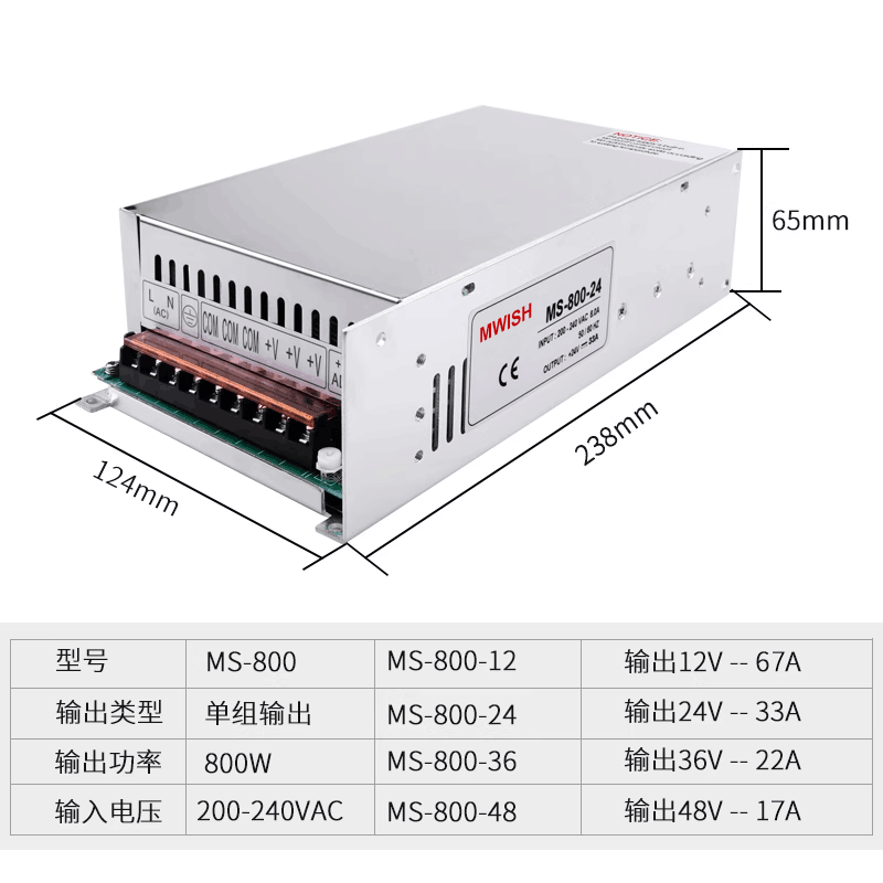 明伟大功率开关电源24V33A12V 36V 48V工业220v转DC变压器MS-800W - 图1