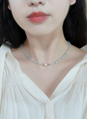 小众轻奢高级感法式优雅海蓝宝路路通珍珠项链清冷感锁骨链50630
