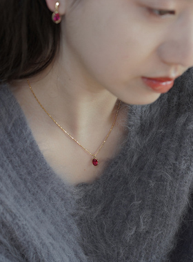 法式复古轻奢高级感鸽血红吊坠珠链项链925纯银甜美锁骨链412169