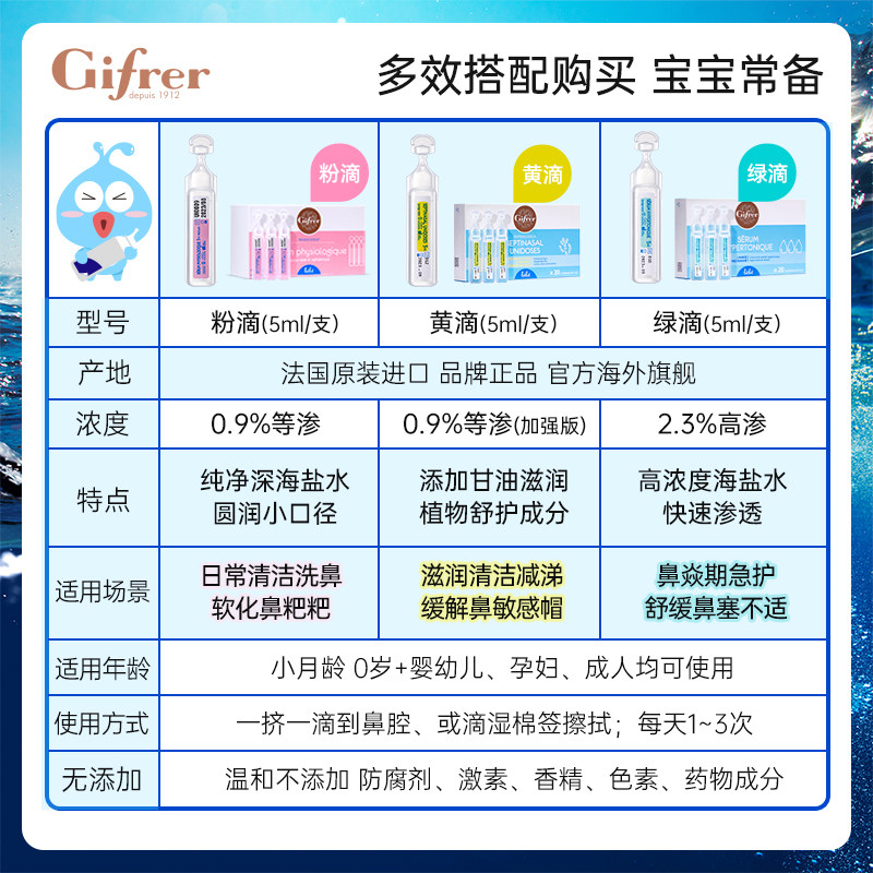 gifrer生理性海盐水婴儿儿童宝宝鼻塞通鼻神器洗鼻水洗鼻盐小支装