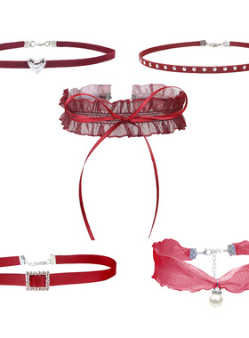 酒红色蕾丝短款颈带项圈小众复古设计感锁骨链爱心珍珠性感项链女