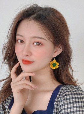 秋冬森系毛线花朵耳环女2021秋冬