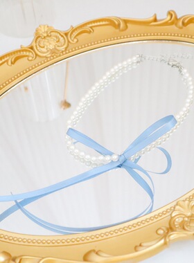 蓝丝带蝴蝶结项链夏季新款少女风锁骨链Choker颈链短款珍珠项链女