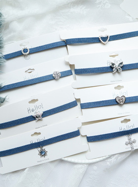 欧美甜酷颈链牛仔丹宁项链时尚百搭项圈女简约布镶钻choker锁骨链