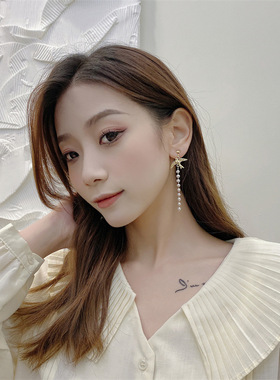 日韩小清新鸟笼不对称耳钉绿色蝴蝶结珍珠耳坠长款流苏无耳洞耳夹