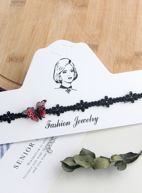 复古气质酒红色choker项链丝绒珍珠蝴蝶结颈带花朵蕾丝项圈锁骨链