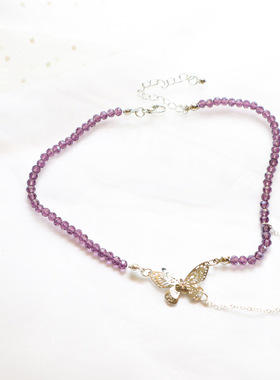 choker超仙紫色蝴蝶串珠锁骨链