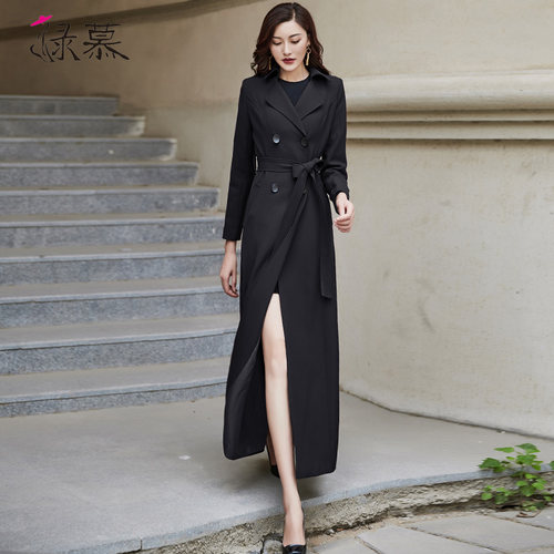 2026春秋新款女士风衣双排扣时尚修身长款过膝酒红色外套简约休闲 - 图1
