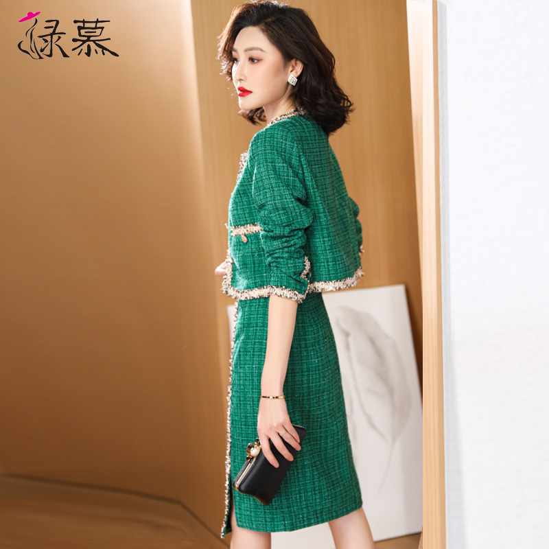 名媛小香风套装洋气女2022春秋装御姐粗花呢轻熟风绿色气质两件套