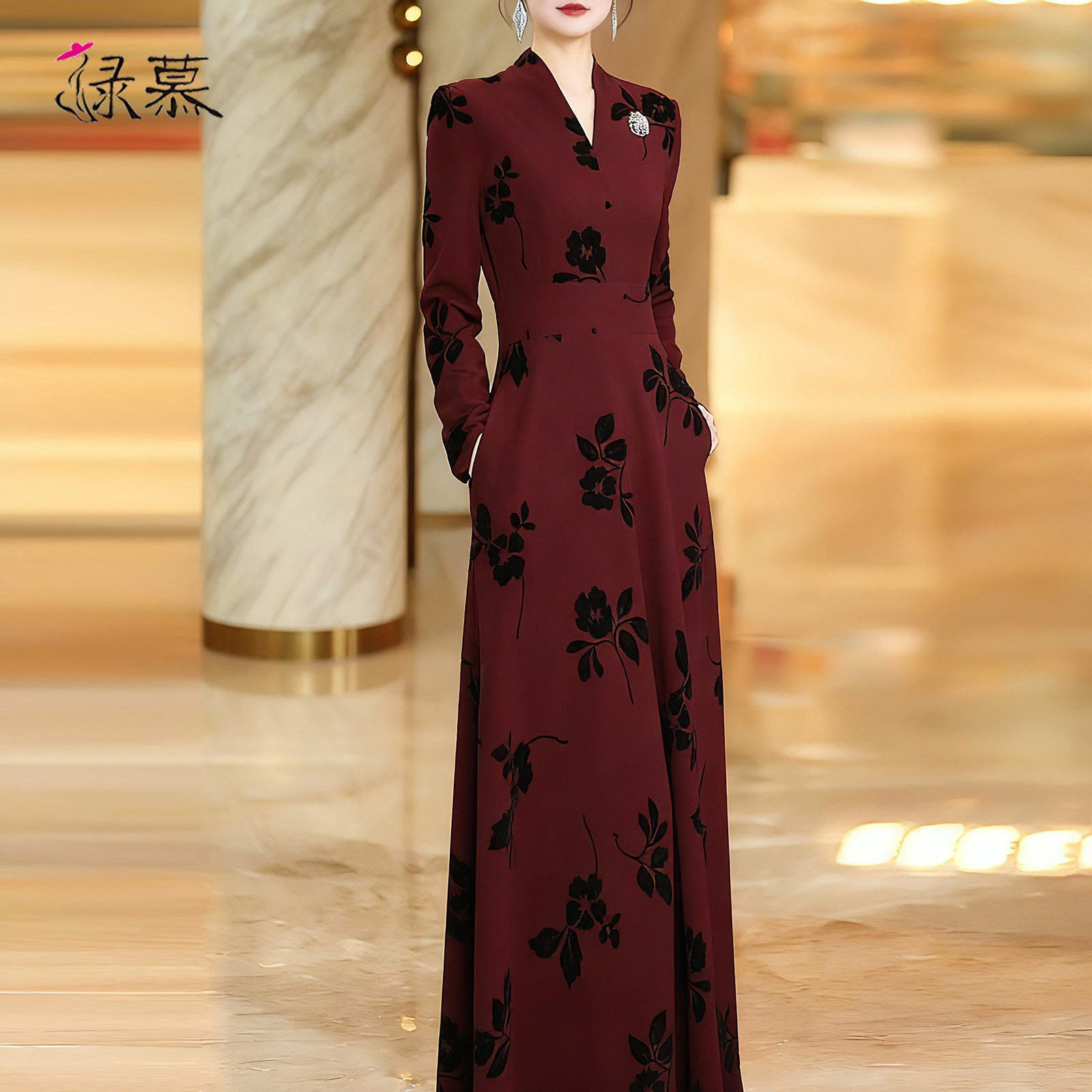 端庄大气长袖连衣裙春秋2025新款高级感酒红色气质显瘦秋冬长裙,淘宝优惠券,粉丝福利购,淘宝优惠卷