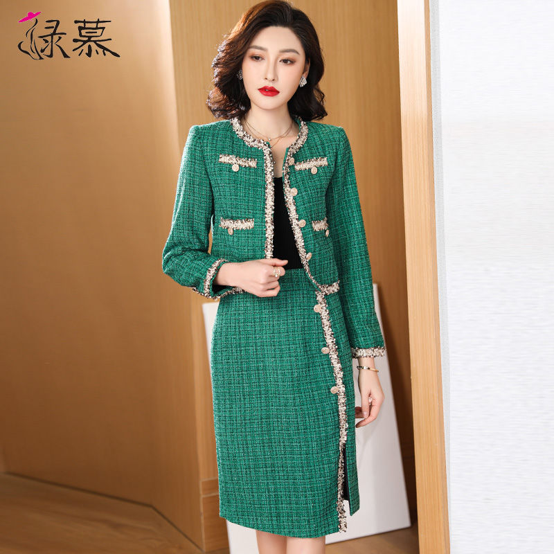 名媛小香风套装洋气女2022春秋装御姐粗花呢轻熟风绿色气质两件套
