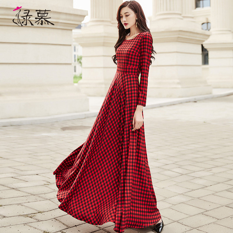 连衣裙春秋装2023新款格子大摆裙子 绿慕连衣裙