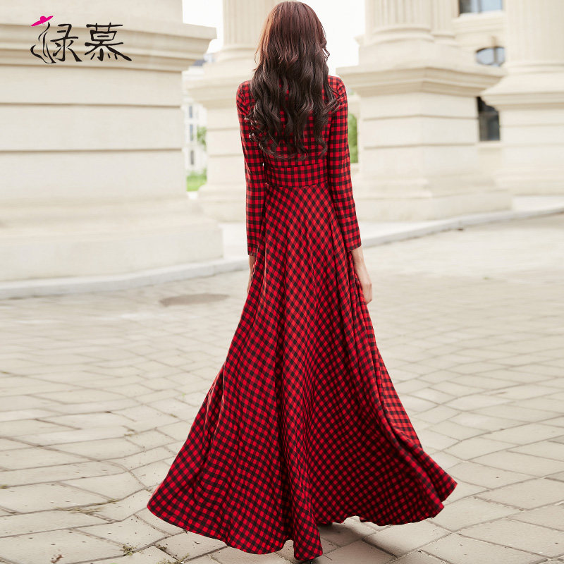 连衣裙春秋装2023新款格子大摆裙子 绿慕连衣裙