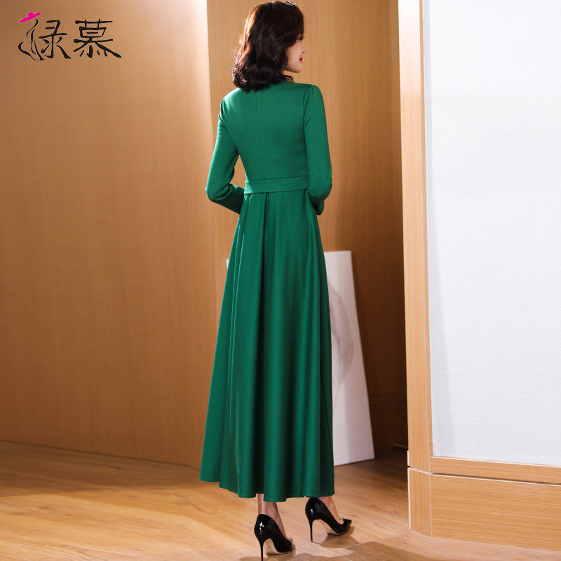 时尚绿色假两件长袖显瘦春秋连衣裙 绿慕连衣裙