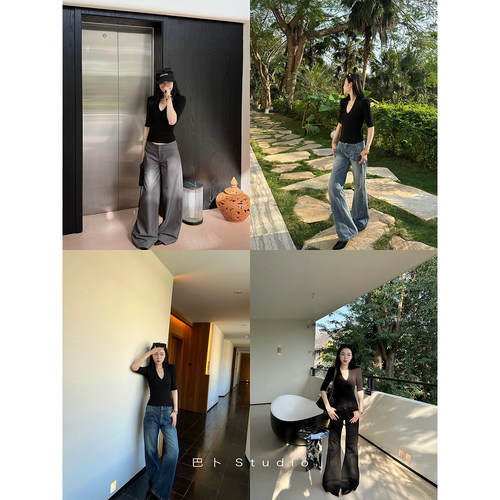 巴卜Studio黑色大v领T恤女夏季新款辣妹风修身百搭显瘦短袖上衣 - 图0