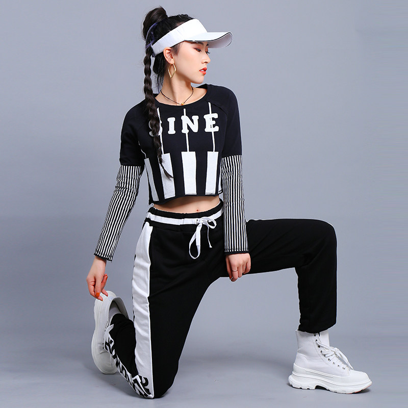 秋冬长袖露脐jazz跳舞上衣显瘦爵士舞服装练习室街舞hiphop套装女_虎窝淘