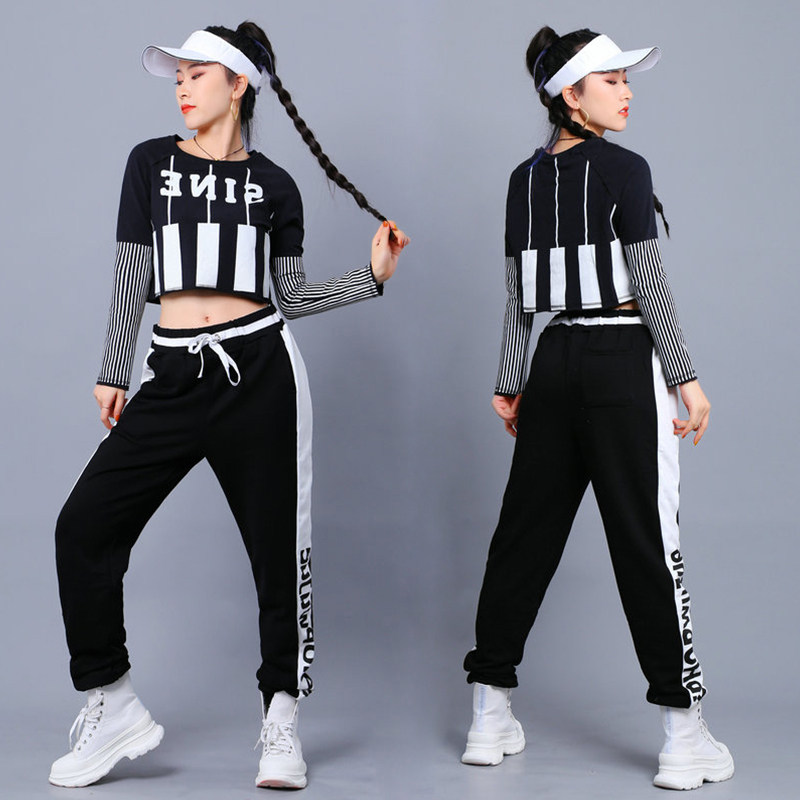 秋冬长袖露脐jazz跳舞上衣显瘦爵士舞服装练习室街舞hiphop套装女_虎窝淘