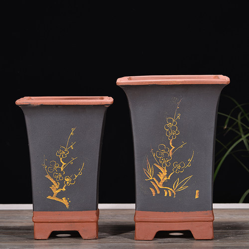 宜兴手工紫砂简约花盆兰花盆君子兰点彩高四方室内绿植盆景 - 图0